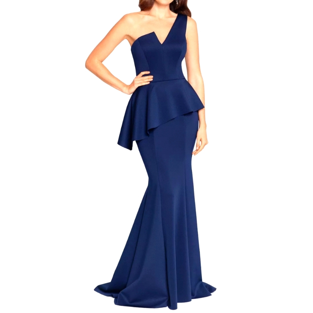 Betsy & Adam One-Shoulder Peplum Gown